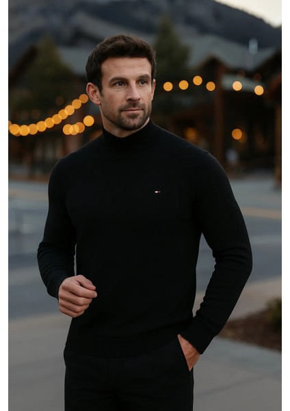 Erkek Basic Kışlık Yarım Boğazlı Uzun Siyah Kazak