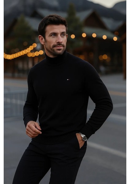 Erkek Basic Kışlık Yarım Boğazlı Uzun Siyah Kazak fiyatları