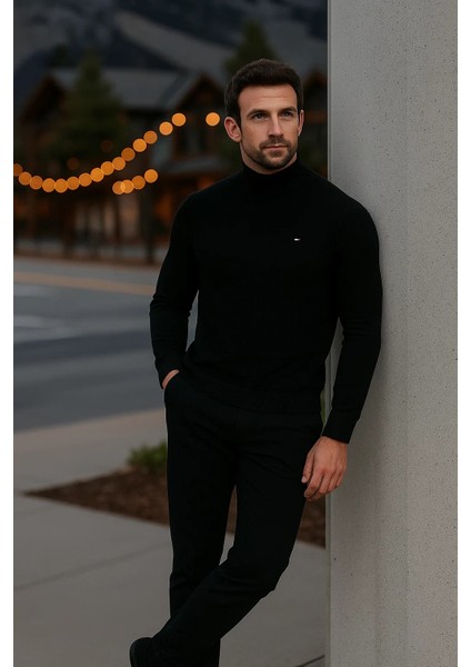 Erkek Basic Kışlık Yarım Boğazlı Uzun Siyah Kazak modelleri