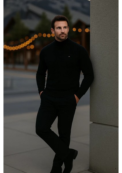 Erkek Basic Kışlık Yarım Boğazlı Uzun Siyah Kazak fırsatları