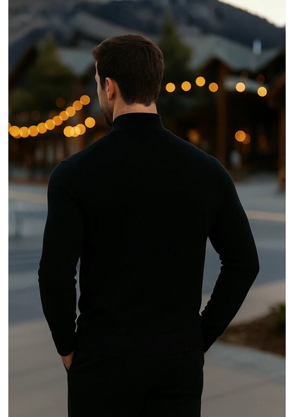 Erkek Basic Kışlık Yarım Boğazlı Uzun Siyah Kazak