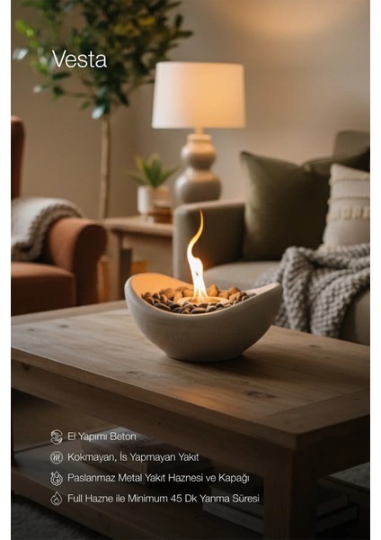 Lumi Vesta – Masaüstü Bacasız Beton Şömine + 1 L Bioethanol Hediye