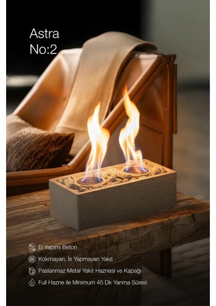 Lumi Astra No:2 – Masaüstü Bacasız Beton Şömine + 1 L Bioethanol Hediye
