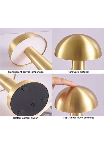Mantar Masa Lambası Dekoratif Metal Gold Renk Kablosuz Ledli 5V 3renk Dokunmatik Şarjlı fiyatları