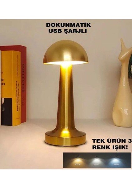 Mantar Masa Lambası Dekoratif Metal Gold Renk Kablosuz Ledli 5V 3renk Dokunmatik Şarjlı fırsatları
