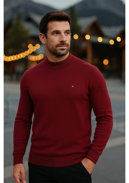 Erkek Basic Kışlık Yarım Boğazlı Uzun Bordo Kazak fiyatları