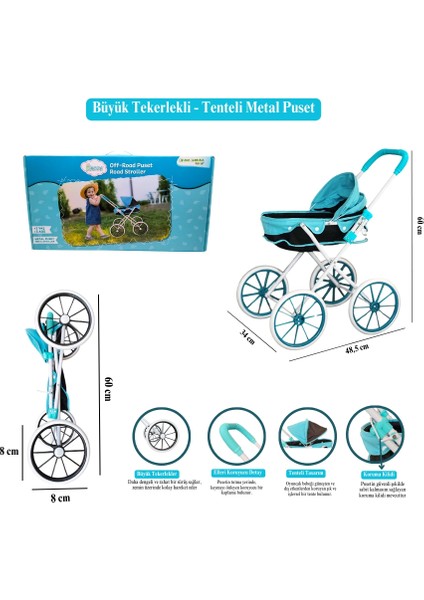 Büyük Tekerlekli Tenteli Katlanabilir Metal Oyuncak Bebek Puseti Premium Lüx Mavi modelleri