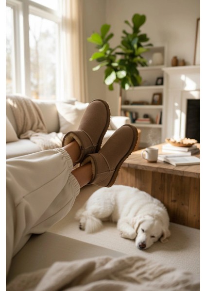 Ultra Mini Classic Süet İçi Kürklü Kadın Bot - Vizon