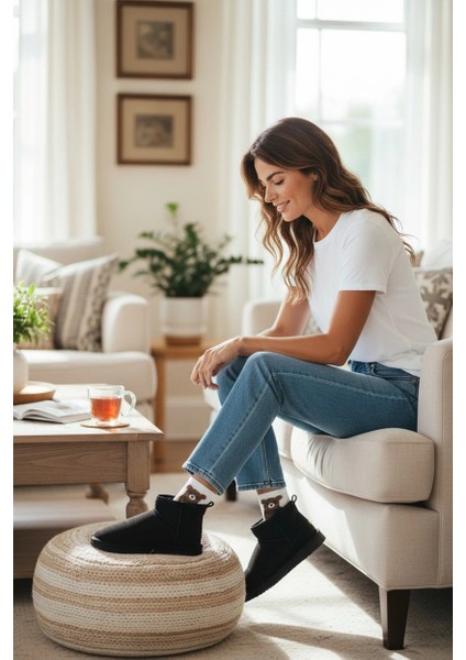 Ultra Mini Classic Süet İçi Kürklü Kadın Bot - Siyah