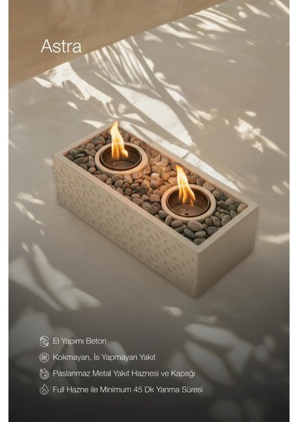 Lumi Astra No:1 – Masaüstü Bacasız Beton Şömine + 1 L Bioethanol Hediye