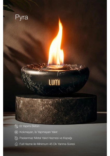 Lumi Pyra – Masaüstü Bacasız Beton Şömine + 1 L Bioethanol Hediye