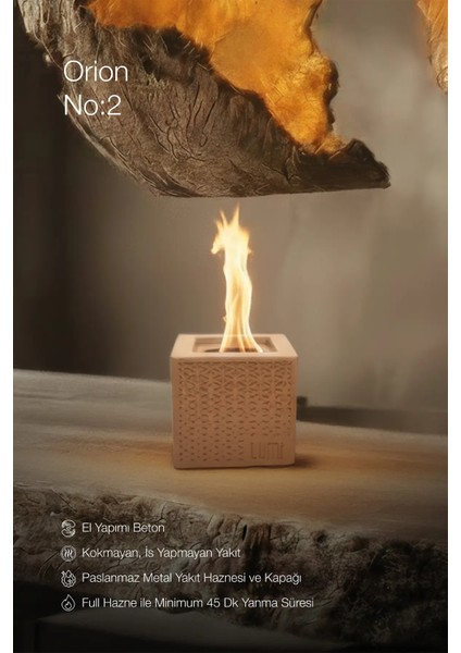 Lumi Orion No:2 – Masaüstü Bacasız Beton Şömine + 1 L Bioethanol Hediye