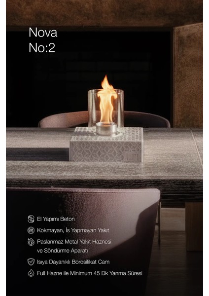 Lumi Nova No:2 – Masaüstü Bacasız Beton Şömine (Camlı) + 1 L Bioethanol Hediye