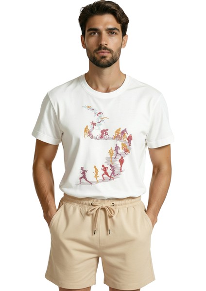 Triatlon Döngüsü: Yüzme, Bisiklet ve Koşu Figürlü Sporcu Tasarım Premium Erkek Tişört