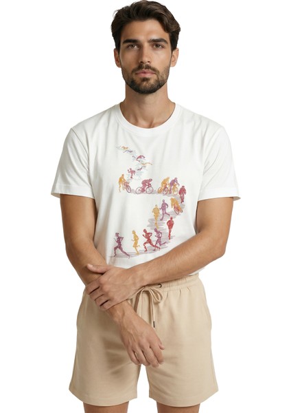 Triatlon Döngüsü: Yüzme, Bisiklet ve Koşu Figürlü Sporcu Tasarım Premium Erkek Tişört modelleri