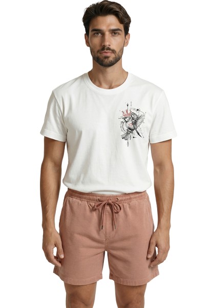 Taçlı ve Kalpli Serçe Kuşu Minimalist Eskiz Baskılı Premium Erkek Tişört