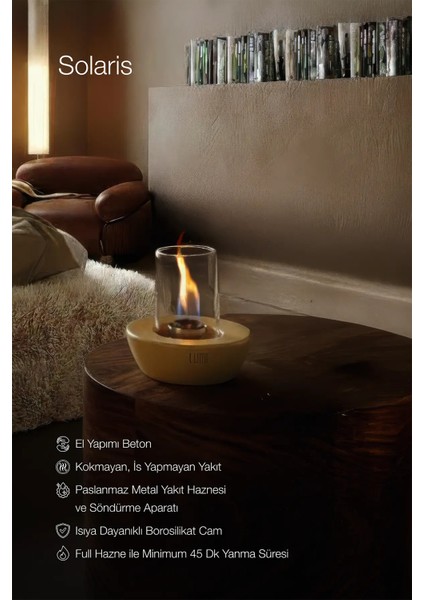 Lumi Solaris No:1 – Masaüstü Bacasız Beton Şömine (Camlı) + 1 L Bioethanol Yakıt Hediye