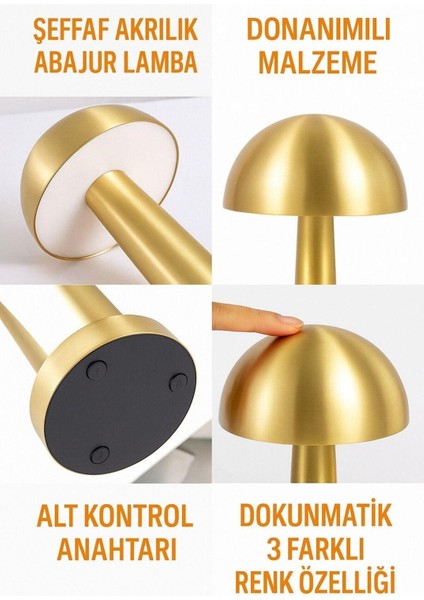 Mantar Masa Lambası Gold Renk Kablosuz Ledli 3renk Dokunmatik Şarjlı fırsatları
