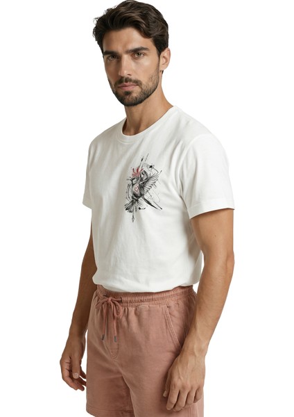 Taçlı ve Kalpli Serçe Kuşu Minimalist Eskiz Baskılı Premium Erkek Tişört fiyatları