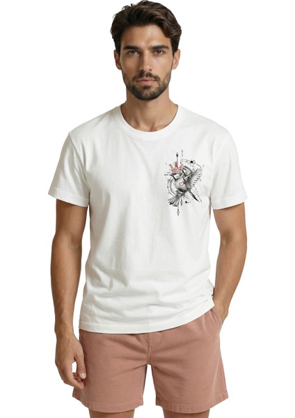 Taçlı ve Kalpli Serçe Kuşu Minimalist Eskiz Baskılı Premium Erkek Tişört indirimleri