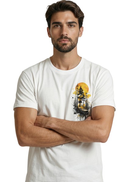 Orman ve Gün Batımı Temalı Sanatsal Doğa Baskılı Premium Erkek Tişört fırsatları