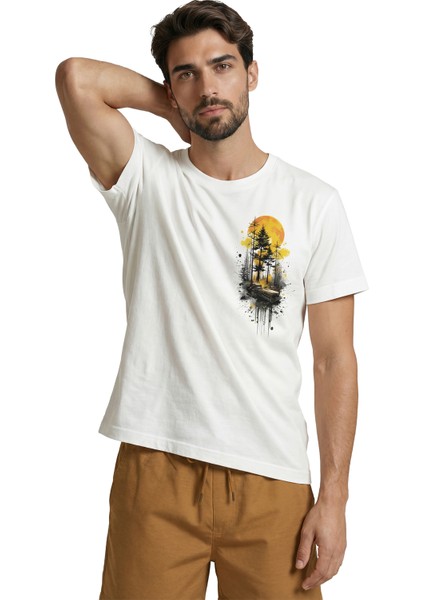 Orman ve Gün Batımı Temalı Sanatsal Doğa Baskılı Premium Erkek Tişört indirimleri