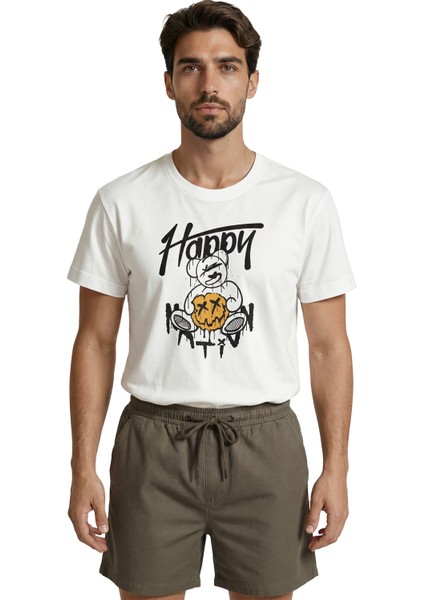 Graffiti Tarzı ''happy'' Yazılı ve x Gözlü Ayıcık Baskılı Premium Erkek Tişört