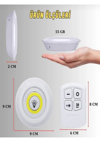 Kumandalı LED Spot Lamba Pilli Kablosuz Yapışkan Montaj 3 Lü Set LED Beyaz Gün Işıgı fırsatları
