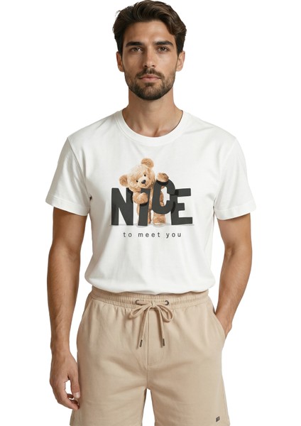 ''nice To Meet You'' Yazılı ve Sevimli Peluş Ayıcık Baskılı Premium Erkek Tişört