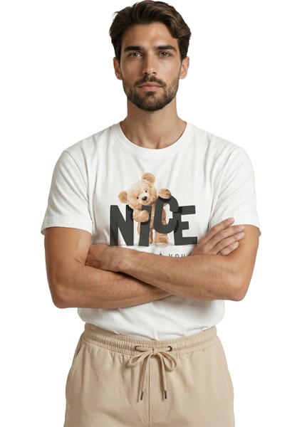 ''nice To Meet You'' Yazılı ve Sevimli Peluş Ayıcık Baskılı Premium Erkek Tişört modelleri