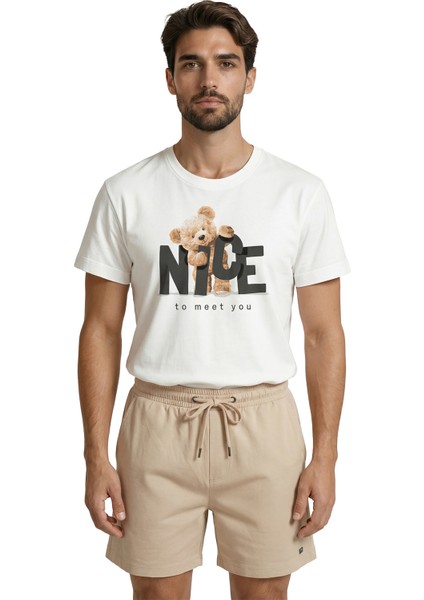 ''nice To Meet You'' Yazılı ve Sevimli Peluş Ayıcık Baskılı Premium Erkek Tişört indirimleri