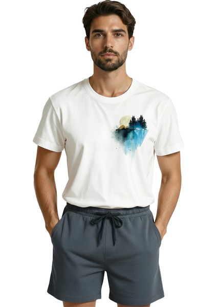 Dolunay ve Mavi Suluboya Orman Yansıması Baskılı Sanatsal Premium Erkek Tişört