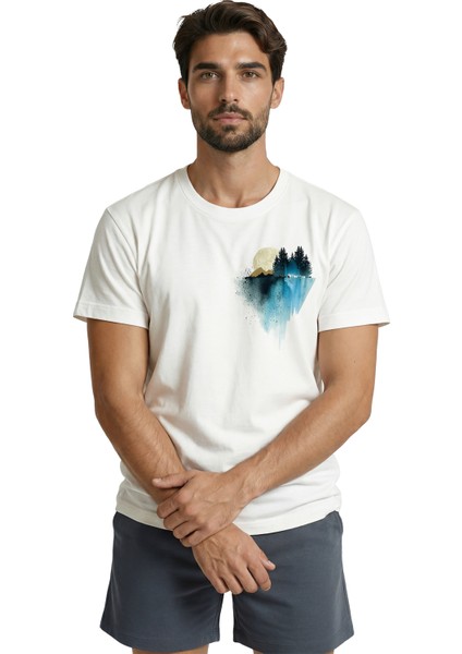 Dolunay ve Mavi Suluboya Orman Yansıması Baskılı Sanatsal Premium Erkek Tişört fırsatları