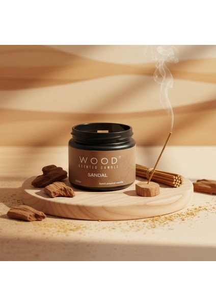 Wood – Premium Sandal Ağacı Kokulu Mum (250GR) El Yapımı | Doğal Vegan Soya Wax | Ahşap Fitil | Özel Tasarım Cam Kavanoz