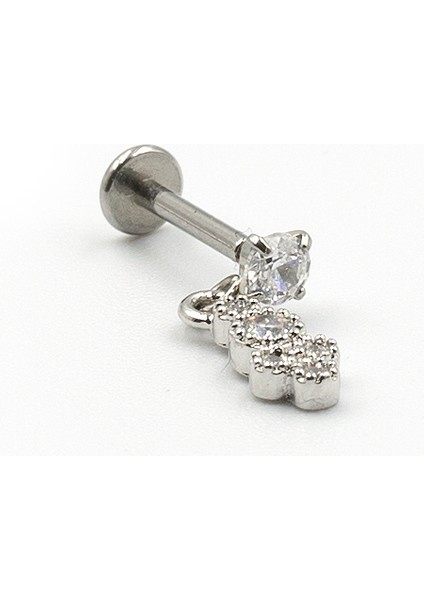 Gümüş Taşlı Sallantılı Tragus Helix Piercing - Anti Alerjik, Kararma Yapmaz