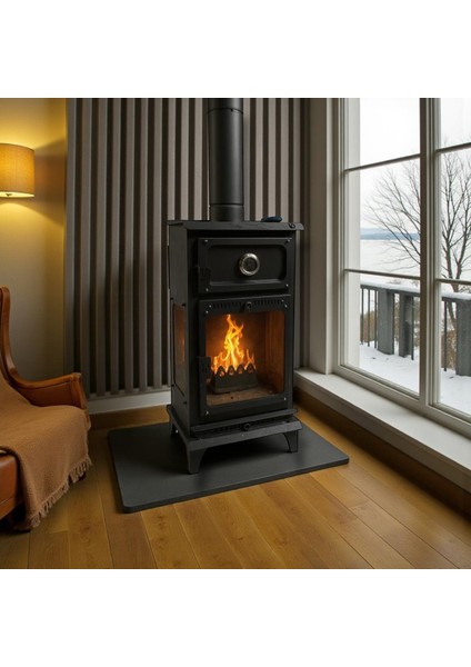 Pelet Soba Fırınlı Kuzineli Pelet Şömine 3 Tarafı Camlı Paslanmaz Krom Pelet Hazneli