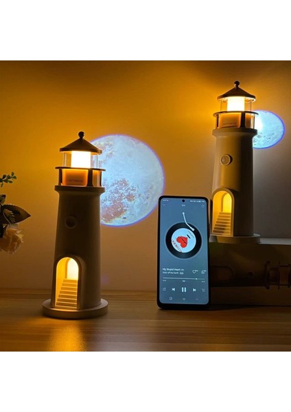 ???? Ay Işığı Deniz Feneri Projektör Lamba – Bluetooth Hoparlörlü ve Hareket Sensörlü Gece Lambası