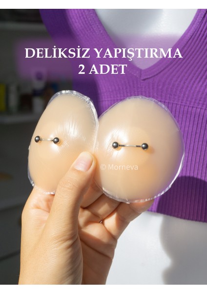 Deliksiz Yapıştırma Gerçek Gibi Gözüken Meme Ucu Fake Nipple Piercingi (2 Adet)