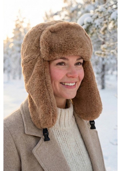 Suni Kürk Peluş Kulaklı Şapka - Vizon fiyatları