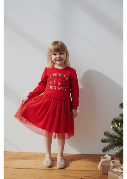 Kız Çocuk Pamuklu Kırmızı Yeni Yıl Temalı Tüllü Elbise - Merry Christmas Baskılı