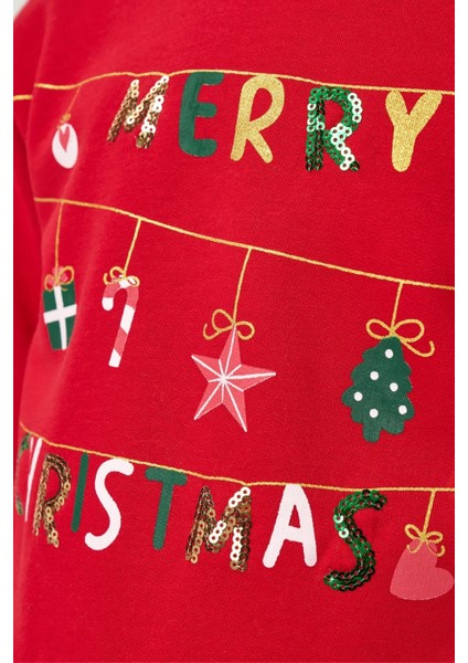 Kız Çocuk Pamuklu Kırmızı Yeni Yıl Temalı Tüllü Elbise - Merry Christmas Baskılı modelleri