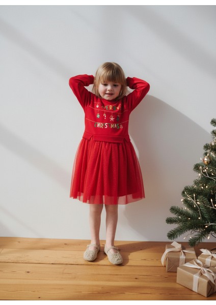 Kız Çocuk Pamuklu Kırmızı Yeni Yıl Temalı Tüllü Elbise - Merry Christmas Baskılı indirimleri