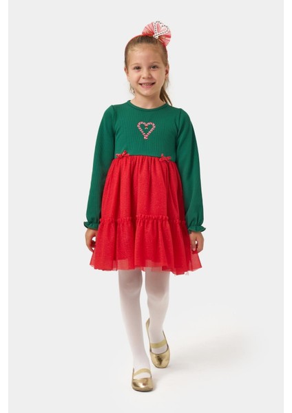 Kız Çocuk Pamuklu Yeşil Kalpli Uzun Kollu Tüllü Kırmızı Etekli Elbise - Yılbaşı Konseptli fiyatları