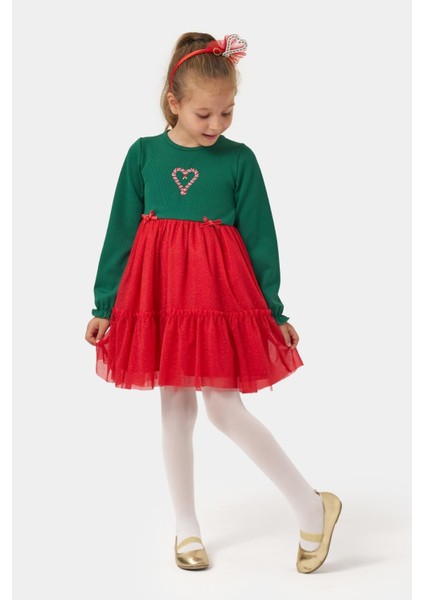Kız Çocuk Pamuklu Yeşil Kalpli Uzun Kollu Tüllü Kırmızı Etekli Elbise - Yılbaşı Konseptli modelleri