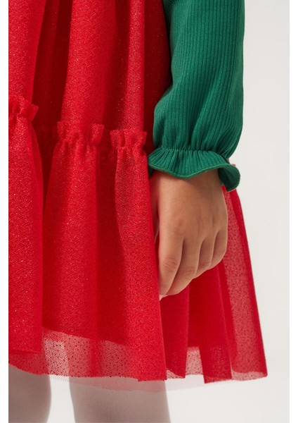 Kız Çocuk Pamuklu Yeşil Kalpli Uzun Kollu Tüllü Kırmızı Etekli Elbise - Yılbaşı Konseptli