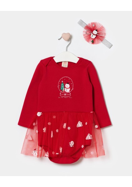 Kız Bebek Pamuklu Kırmızı Kardan Adam Temalı Tül Etekli Body Set - Saç Bandı Aksesuarlı