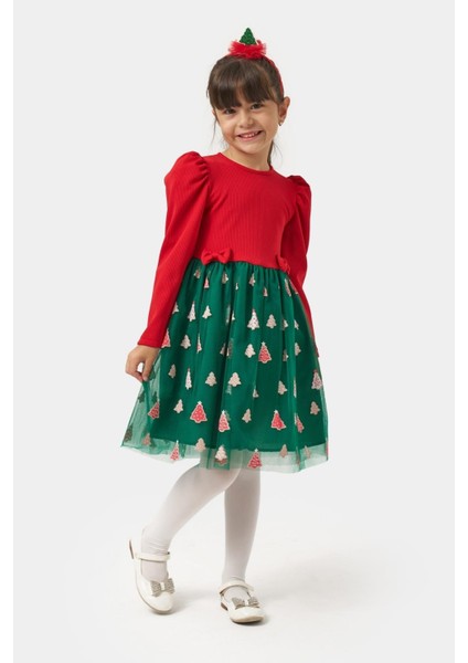 Kız Çocuk Pamuklu Kırmızı Üst ve Yeşil Ağaç Desenli Tüllü Elbise - Yılbaşı Özel Koleksiyonu modelleri