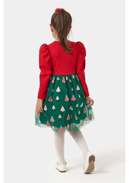 Kız Çocuk Pamuklu Kırmızı Üst ve Yeşil Ağaç Desenli Tüllü Elbise - Yılbaşı Özel Koleksiyonu fırsatları