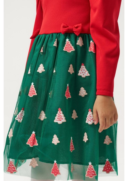 Kız Çocuk Pamuklu Kırmızı Üst ve Yeşil Ağaç Desenli Tüllü Elbise - Yılbaşı Özel Koleksiyonu