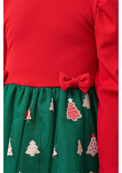 Kız Çocuk Pamuklu Kırmızı Üst ve Yeşil Ağaç Desenli Tüllü Elbise - Yılbaşı Özel Koleksiyonu